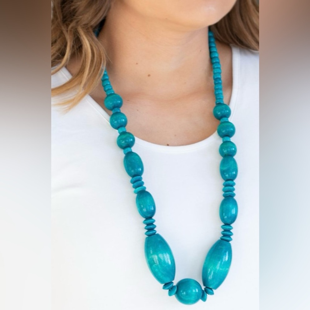 Teal chunky wooden bead necklace and earrings